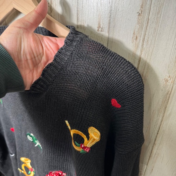 Vintage 90s Eagle's Eye Black Knit Sweater Rose Musical Instruments Womens Large - Picture 4 of 5